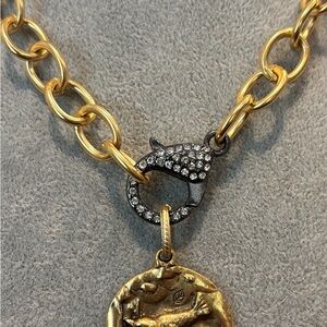 Gold and Silver Chain Necklace with large pendant and crystal Clasp